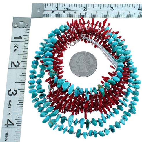 Turquoise And Coral Sterling Silver 3-Strand Bead Necklace SX115150